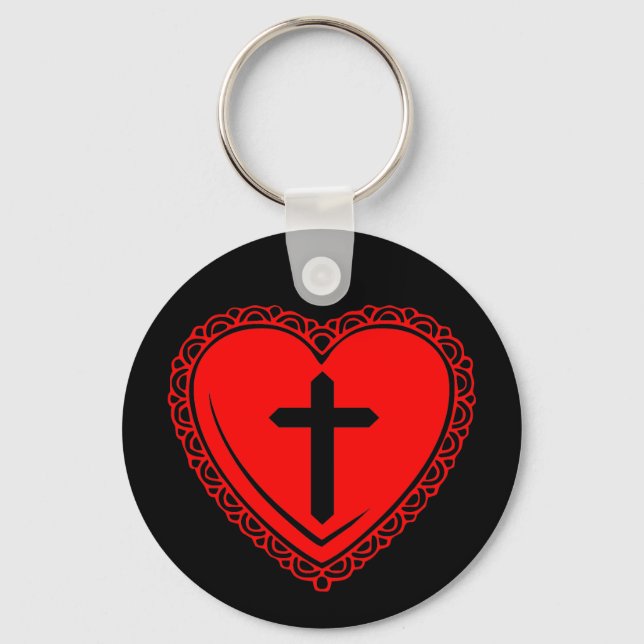 Gothic Heart + Cross Keychain (Black + Red) (Front)