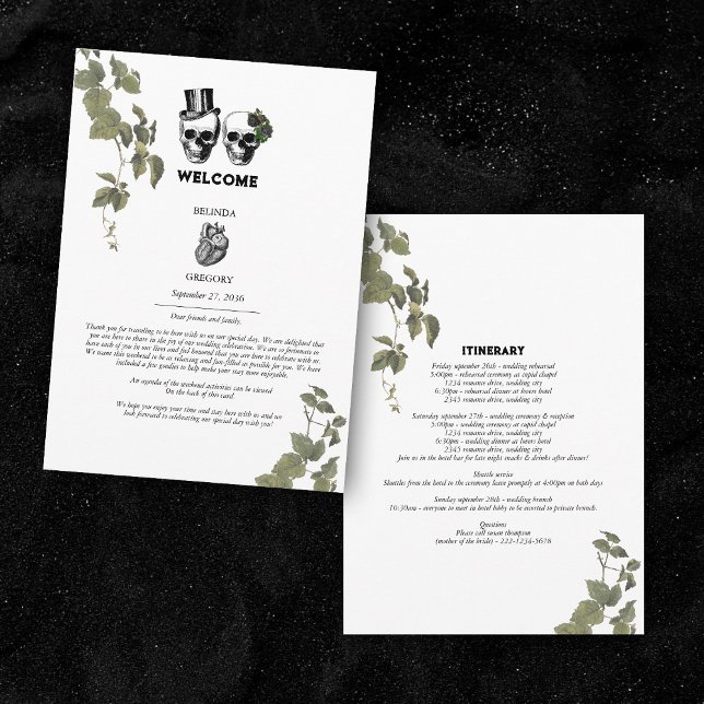 Gothic Heart Floral Skull Wedding  Itinerary  Program (Gothic Heart Floral Skull Wedding Itinerary Program)