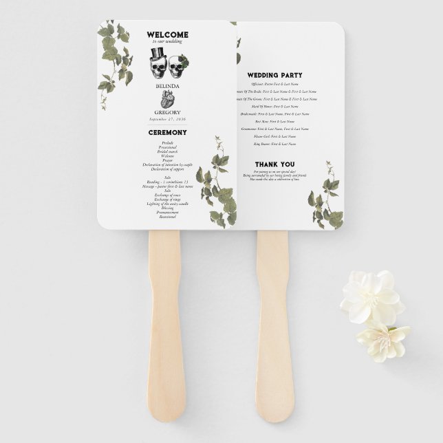 Gothic Heart Floral Skulls Wedding Program Hand Fan (Front and Back)