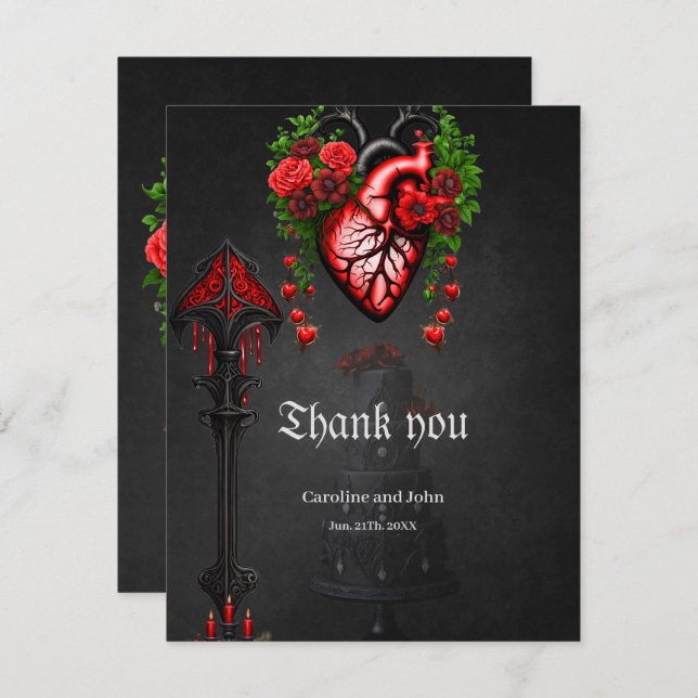 Gothic heart red flowers thank you card (Front/Back)