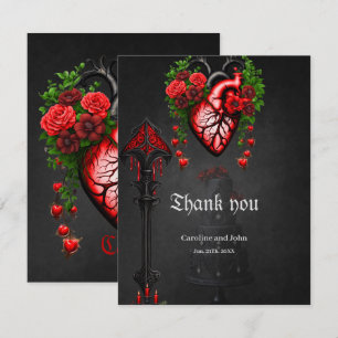 Gothic heart red flowers thank you card