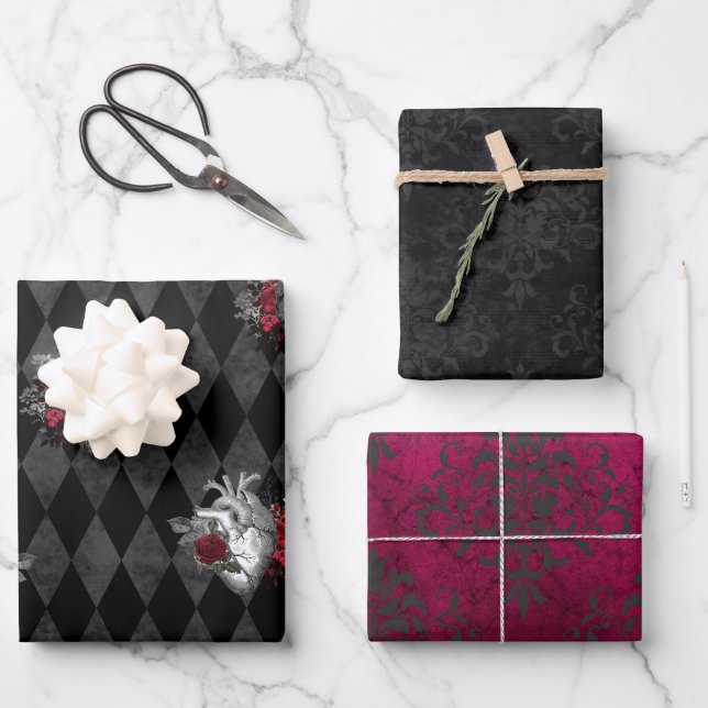 Gothic Heart & Script Writing Wrapping Paper Sheet (Front)