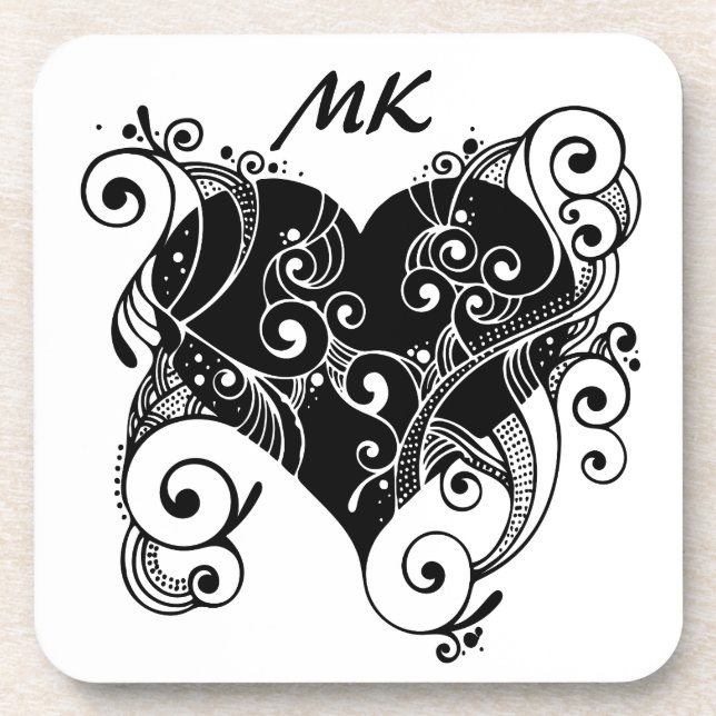 Gothic Heart Tattoo Black and White Monogrammed Coaster (Front)