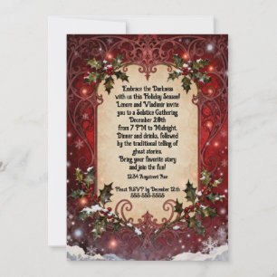 Gothic Holly on Red Christmas Party Invitation