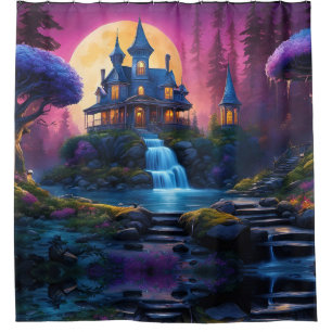 Gothic House on Hill with Waterfalls Shower Curtain