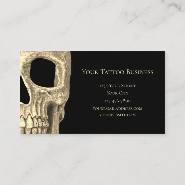 Gothic Human Skull Face Beige Black Tattoo Shop Business Card (Back)