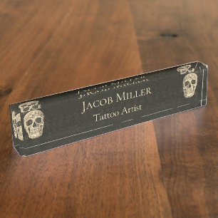 Gothic Human Skull Head Beige Black Tattoo Artist Nameplate