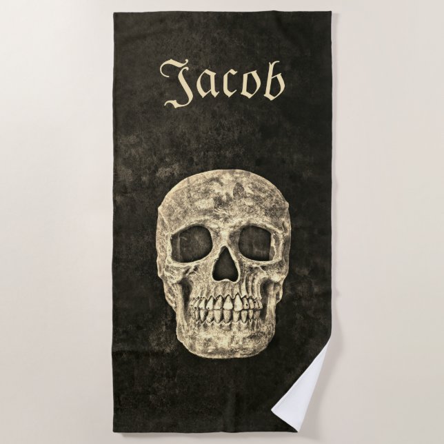 Gothic Human Skull Texture Black And Beige Grunge Beach Towel (Front)
