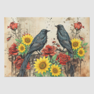 Gothic Inspired Ravens, Red Roses & Sunflowers Tissue Paper