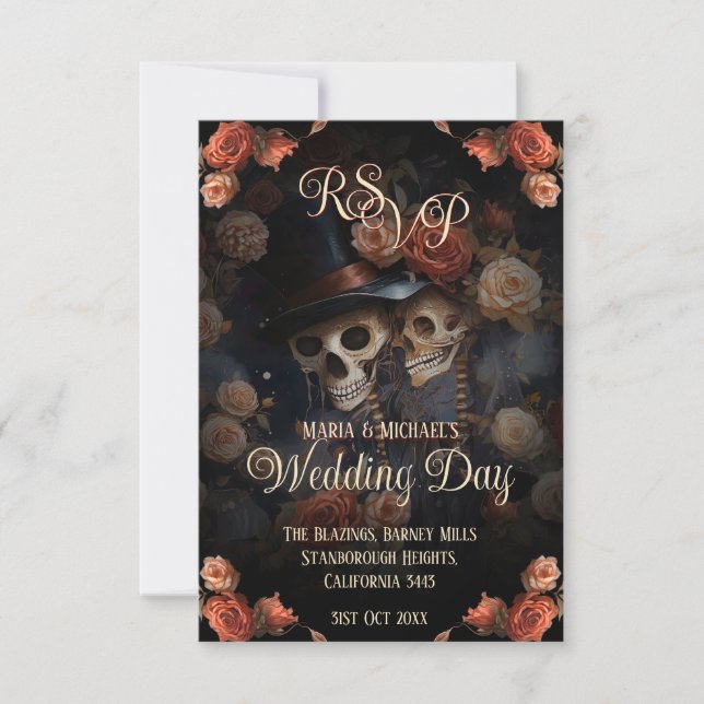 Gothic Kissing Skeletons Spooky Wedding RSVP  (Front)