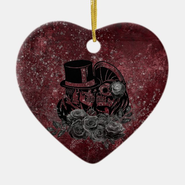 Gothic Kissing Skulls Couple And Blood Red Eternal Ceramic Ornament (Front)
