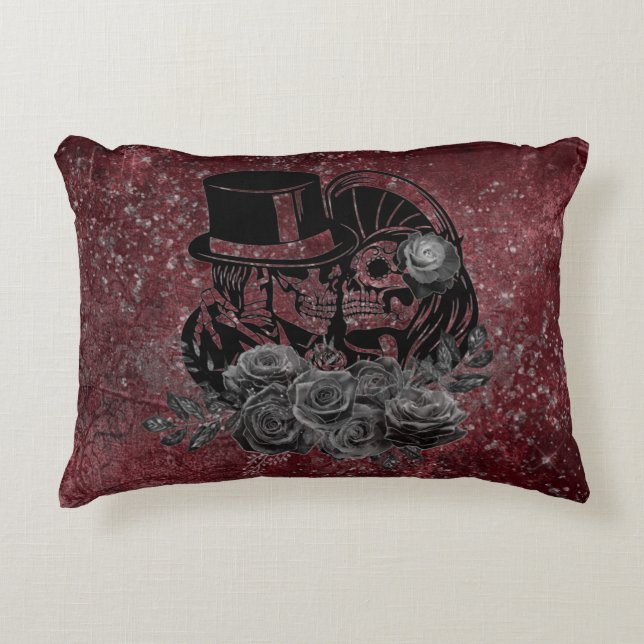 Gothic Kissing Skulls Couple And Blood Red Eternal Decorative Cushion (Front)