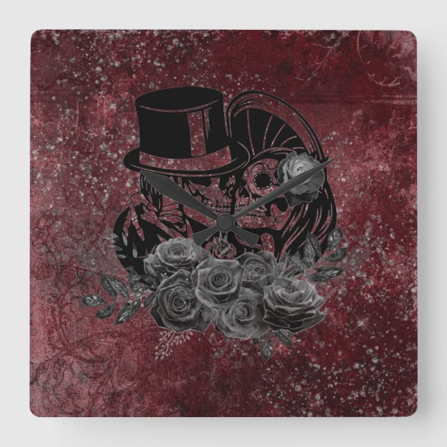 Gothic Kissing Skulls Couple And Blood Red Eternal Square Wall Clock (Front)