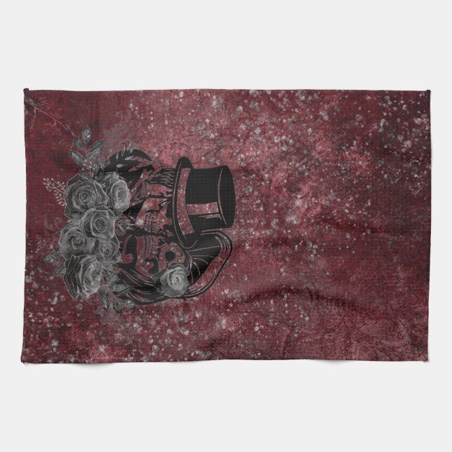 Gothic Kissing Skulls Couple And Blood Red Eternal Tea Towel (Horizontal)