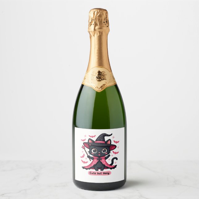 Gothic kitten in pink � sweet, but bewitched Overs Sparkling Wine Label (Front)