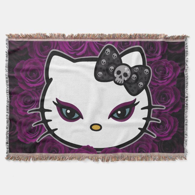 Gothic Kitty Skull Bow Throw Blanket (Front)