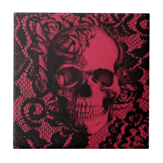 Gothic lace skull in red and black ceramic tile (Front)