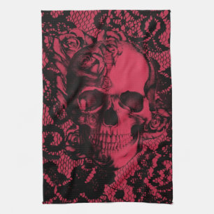 Gothic lace skull in red and black tea towel