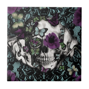 Gothic lace skull in teal and purple ceramic tile