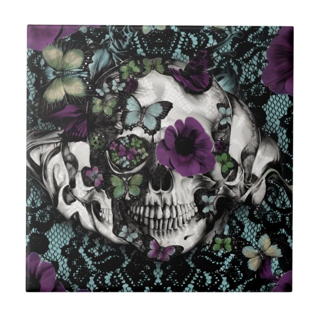 Gothic lace skull in teal and purple ceramic tile (Front)