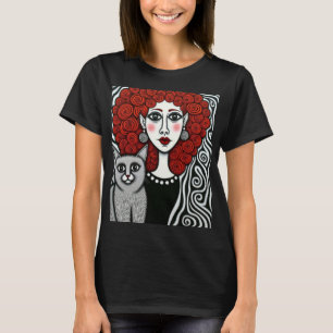 Gothic Lady and Cat Spiral Hair Red Black White T-Shirt