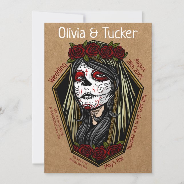 Gothic Lady Skull Coffin Dark Red Kraft Wedding Invitation (Front)