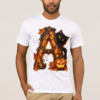 Gothic Letter A Halloween Pumpkin & Black Cat  T-Shirt