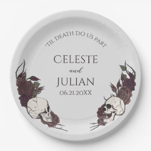 Gothic Light Gray Floral Skull Wedding Paper Plate