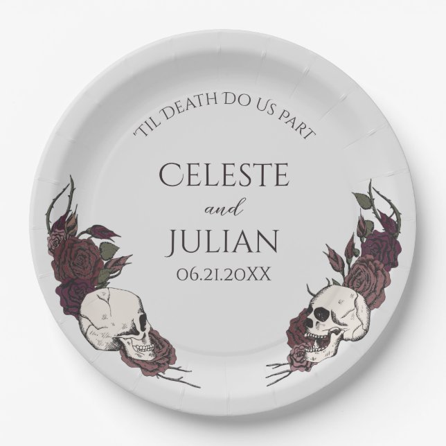 Gothic Light Gray Floral Skull Wedding Paper Plate (Front)