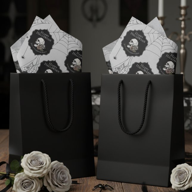 Gothic Light Grey Floral Skull Halloween Tissue Paper (Gothic Happy Halloween Tissue Paper in Light Gray. Creepy Skull, Pink Roses, Spiderwebs & Spiders)