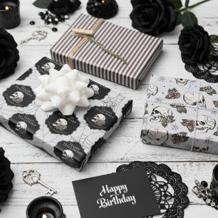 Gothic Light Grey Skulls and Stripes Halloween  Wrapping Paper Sheet