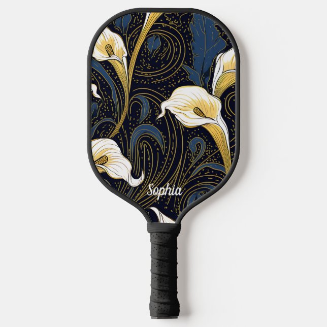 Gothic Lily Floral Black Blue White Monogram  Pickleball Paddle (Front)