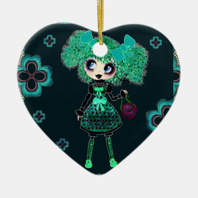 Gothic Lolita child emerald and black Ceramic Ornament (Front)