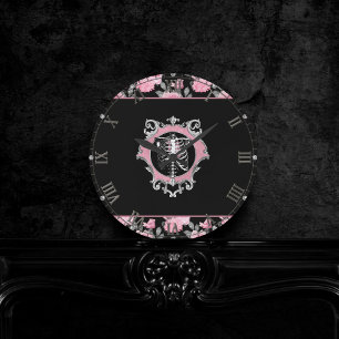 Gothic Love   Pink and Black Skeleten Heart Floral Round Clock