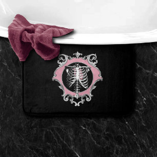 Gothic Love   Pink and Black Skeleton Heart Floral Bath Mat