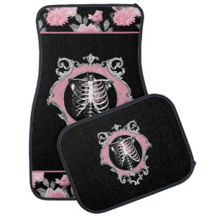 Gothic Love   Pink and Black Skeleton Heart Floral Car Mat