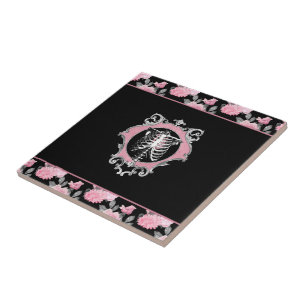 Gothic Love   Pink and Black Skeleton Heart Floral Ceramic Tile