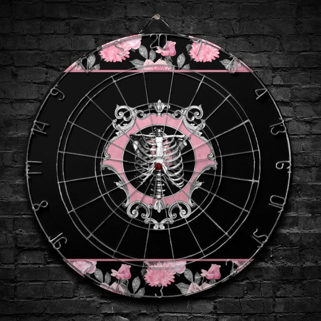 Gothic Love | Pink and Black Skeleton Heart Floral Dartboard (Creator Uploaded)