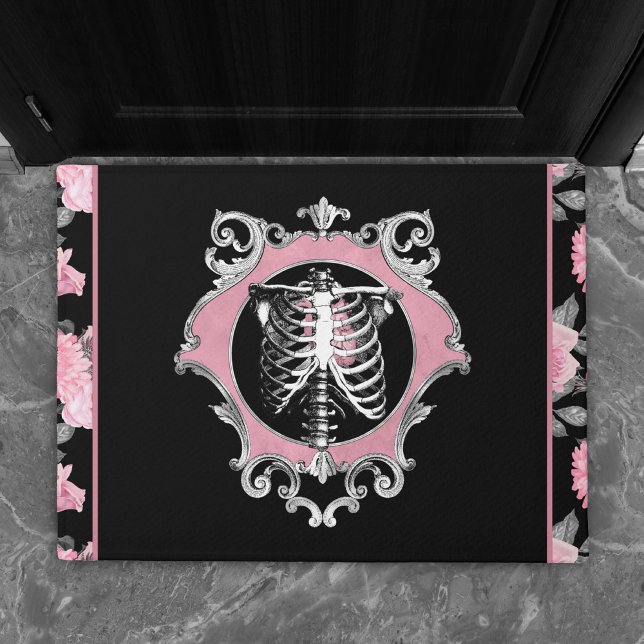 Gothic Love | Pink and Black Skeleton Heart Floral Doormat (Creator Uploaded)