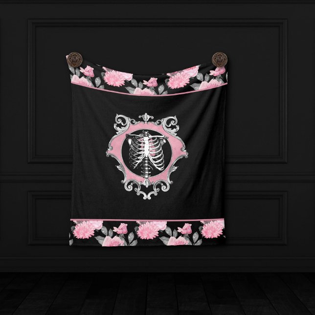 Gothic Love | Pink and Black Skeleton Heart Floral Fleece Blanket (Creator Uploaded)