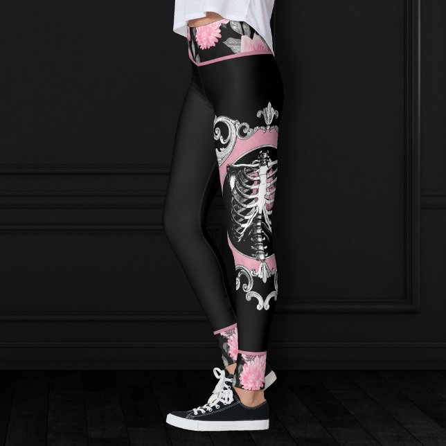 Gothic Love | Pink and Black Skeleton Heart Floral Leggings (Creator Uploaded)