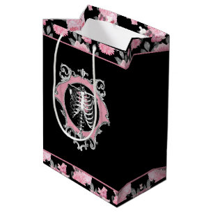 Gothic Love   Pink and Black Skeleton Heart Floral Medium Gift Bag