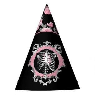 Gothic Love   Pink and Black Skeleton Heart Floral Party Hat