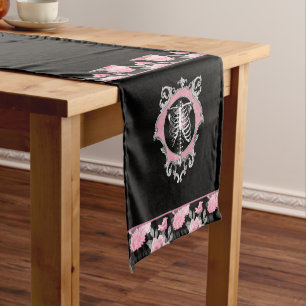 Gothic Love Pink and Black Skeleton Heart Floral Short Table Runner