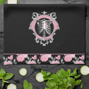 Gothic Love   Pink and Black Skeleton Heart Floral Tea Towel