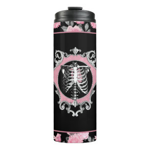 Gothic Love   Pink and Black Skeleton Heart Floral Thermal Tumbler