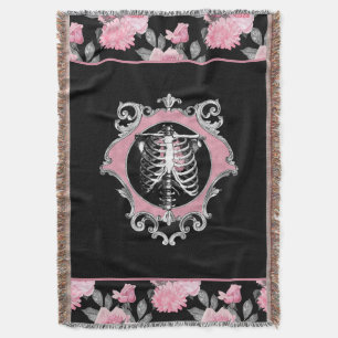 Gothic Love   Pink and Black Skeleton Heart Floral Throw Blanket
