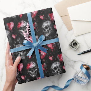 Gothic Love Skulls and Red Hearts Wrapping Paper