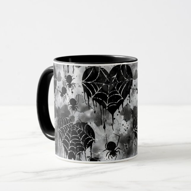 Gothic Love Spooky Spider Web with Hearts Mug (Front Left)