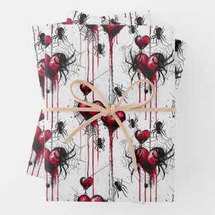 Gothic Love Spooky Spider Web with Hearts Wrapping Paper Sheet